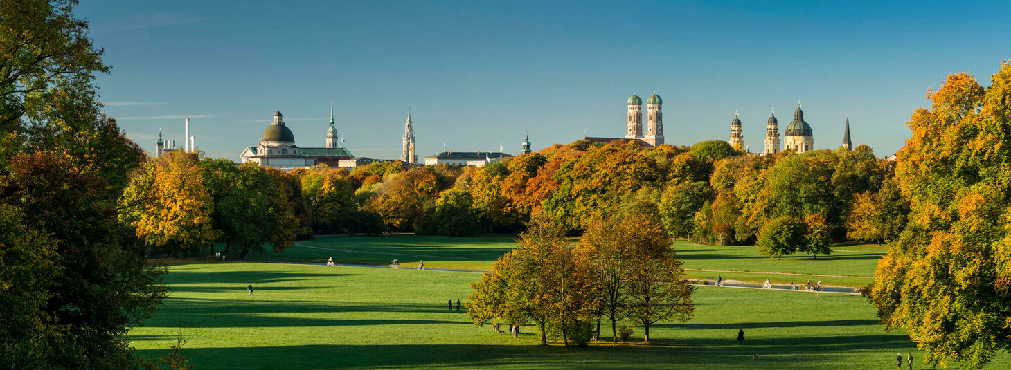 Weitläufiger Park mit grünen Wiesen, bunten Herbstbäumen und einer Stadtsilhouette im Hintergrund unter klarem Himmel.