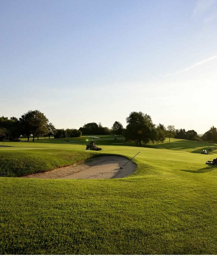 Golfrasen bei Sonnenuntergang mit Bäumen, Sandbunker und Rasenmäher im Vordergrund.