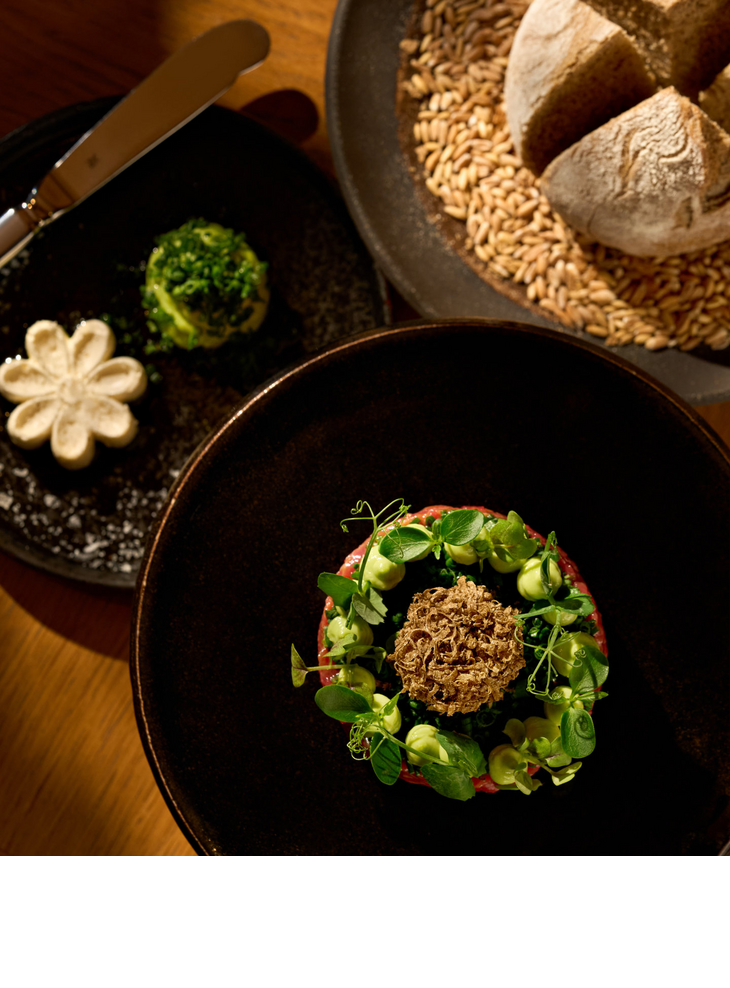 Beef tartar with fresh bread and butter.